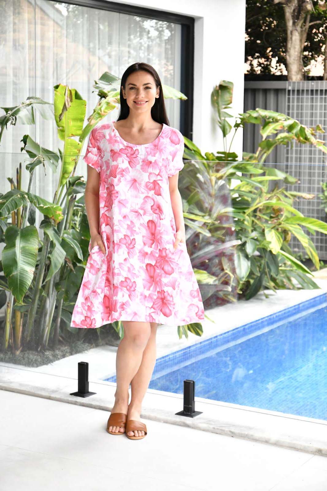 pink floral linen dress