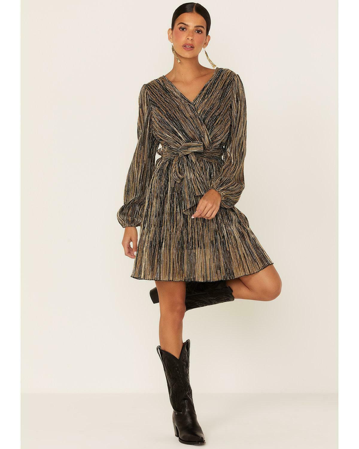 Gold Pleated Metallic Wrap Dress | Chances